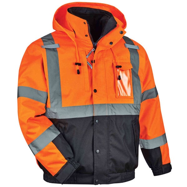 An Ergodyne orange and black Bomber Jacket with reflective stripes.