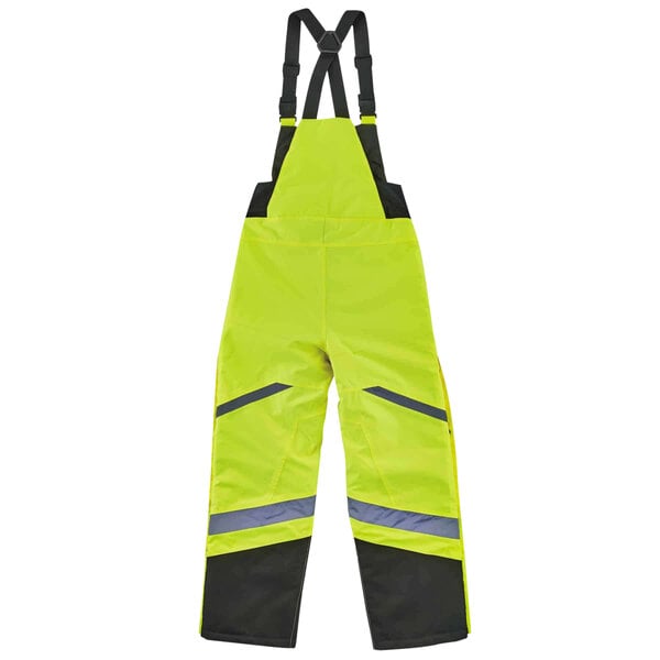 Yellow and black Ergodyne hi-vis insulated coveralls with black straps and reflective stripes.