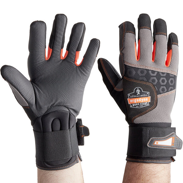 A pair of Ergodyne ProFlex heavy duty work gloves with orange and grey accents.
