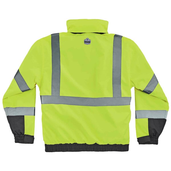 A lime yellow Ergodyne 8381 hi-vis jacket with reflective stripes.