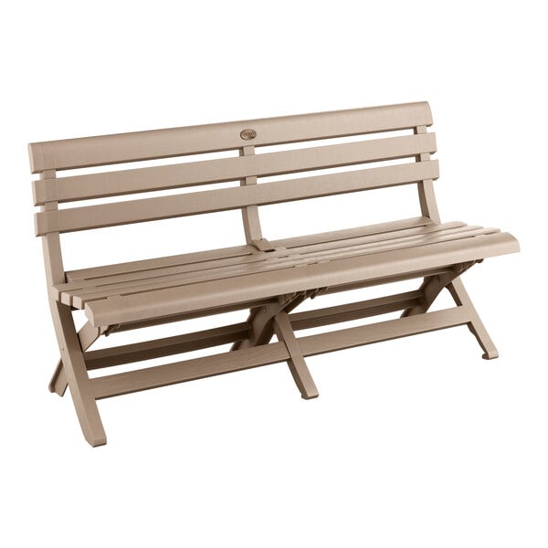 A Grosfillex French Taupe faux wood bench with two legs and a seat.