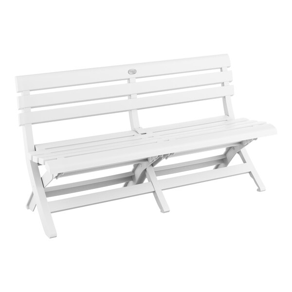 A white Grosfillex Westport faux wood bench with two legs.