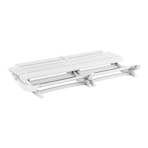 A Grosfillex white faux wood bench with a white background.