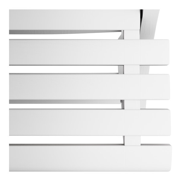 A close-up of a Grosfillex Westport white faux wood bench with four wooden slats.