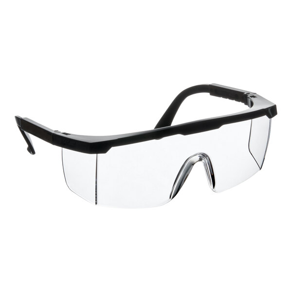 A pair of black safety glasses with clear, scratch-resistant lenses.