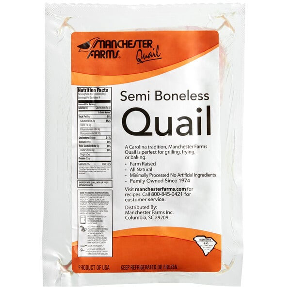 A package of Manchester Farms semi boneless quail on a white background.