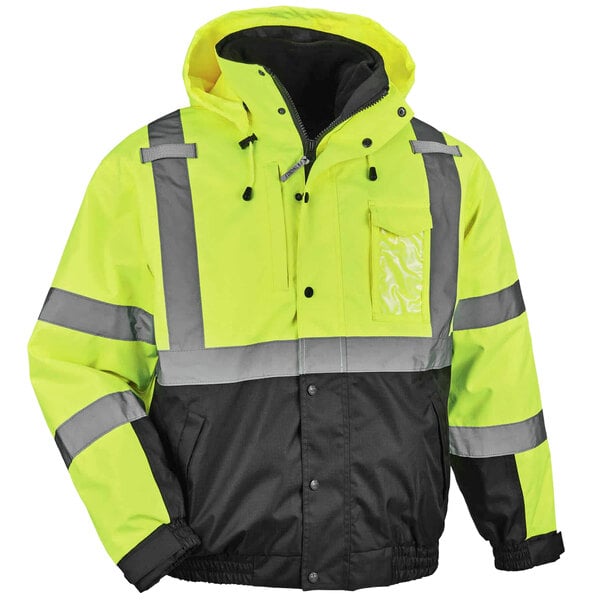 An Ergodyne lime yellow and black hi-vis safety jacket with reflective stripes.