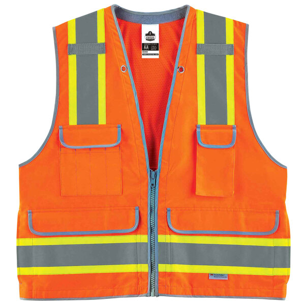 An orange Ergodyne heavy-duty surveyor vest with yellow and grey reflective stripes.