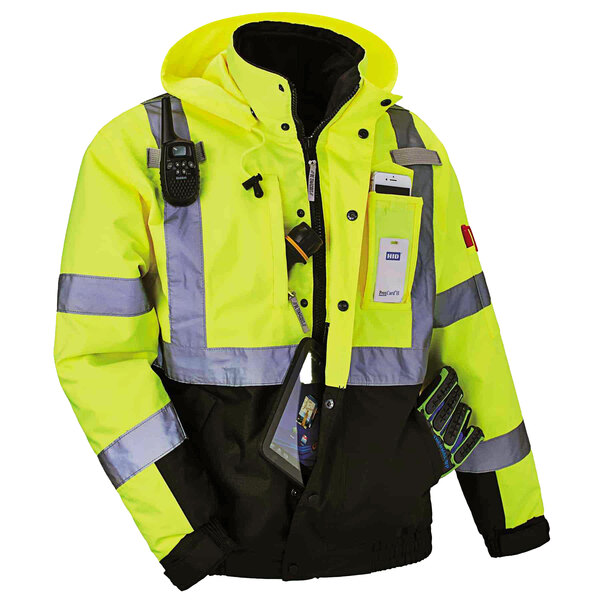 A yellow and black Ergodyne GloWear hi-vis jacket with reflective tape on the phone pocket.