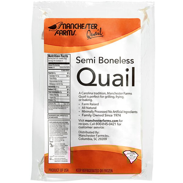 A white package of Manchester Farms Fresh Semi Boneless Quail.