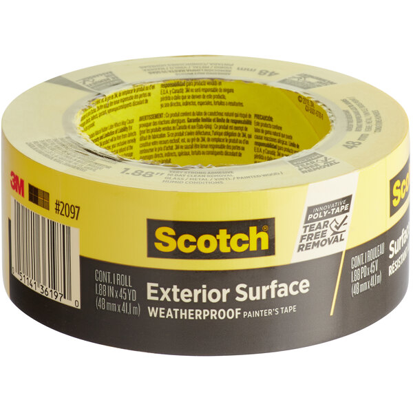 A roll of 3M Scotch exterior surface painter's tape with a label with black and red text.