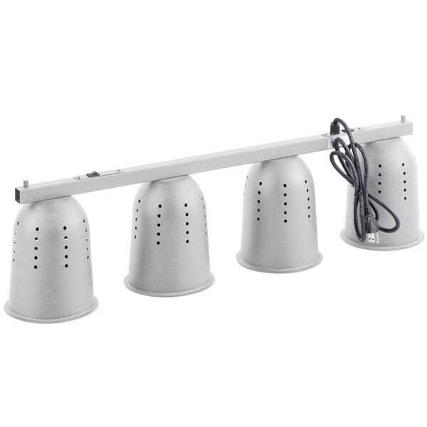 A white ServIt suspension bar with four silver heat lamps attached.