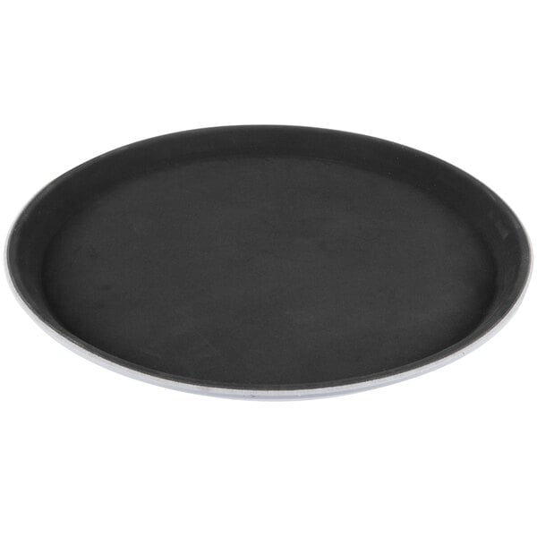 A black round Carlisle GripLite non-skid serving tray.