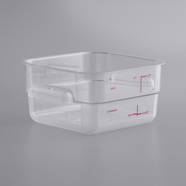 A close up of a clear plastic Vigor food storage container.