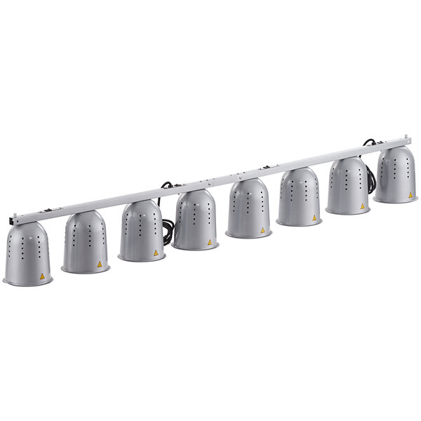 A row of silver ServIt heat lamp bulbs with holes in the metal.