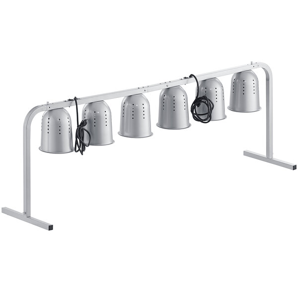 A white metal rack with six silver heat lamps.
