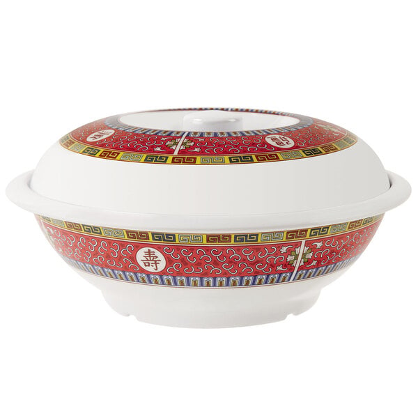 A white melamine bowl with a red and white Dynasty Longevity design on it.