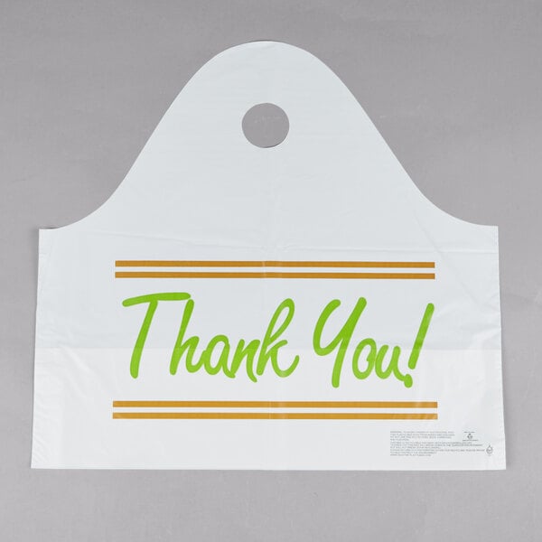 A white LK Packaging plastic take out bag with green text and a printed Thank You design.