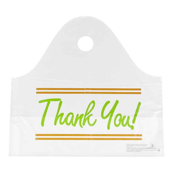 A white plastic bag with a handle hole, featuring the words 'Thank You!' in green and two orange lines above and below the text.