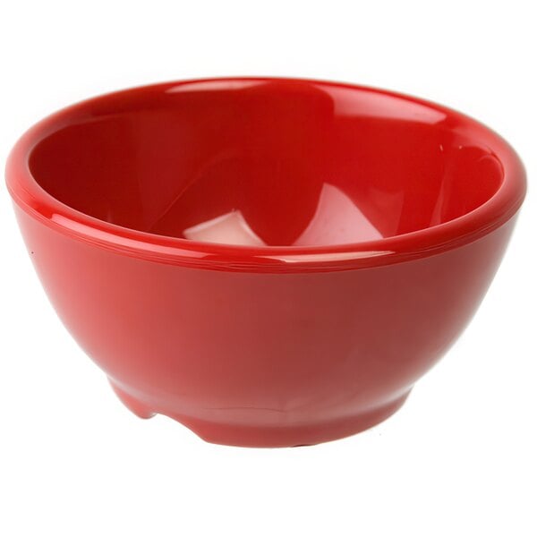 A red Thunder Group melamine bowl with a white background.