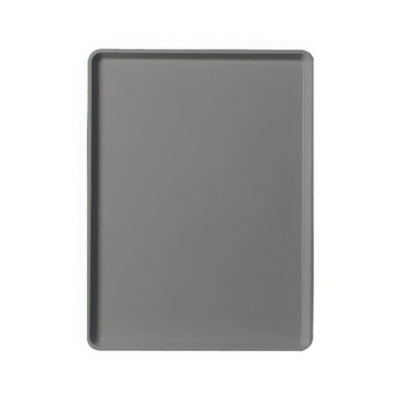 A close up of a gray rectangular Cambro dietary tray with an abstract pattern.
