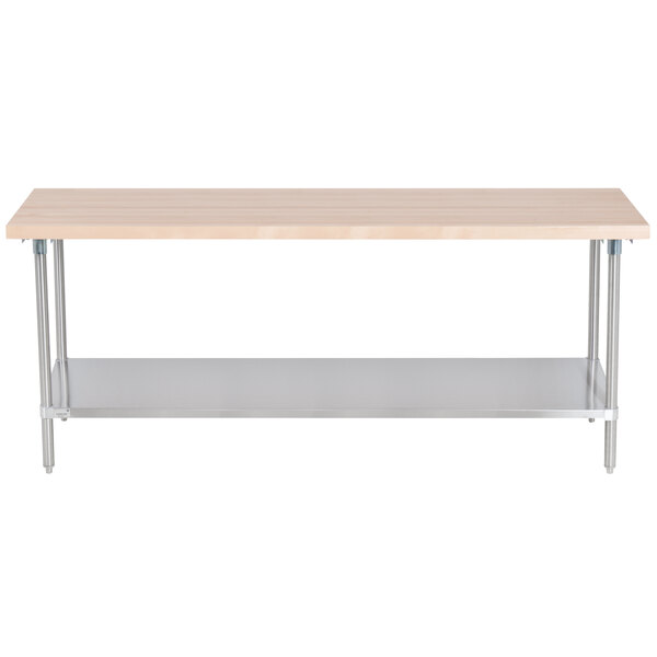 An Advance Tabco wood top work table with a stainless steel base and undershelf.