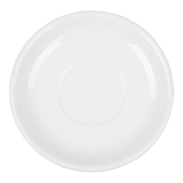 A plain white china cappuccino saucer.