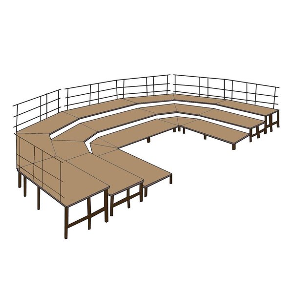A drawing of a National Public Seating portable stage with a brown hardboard surface.