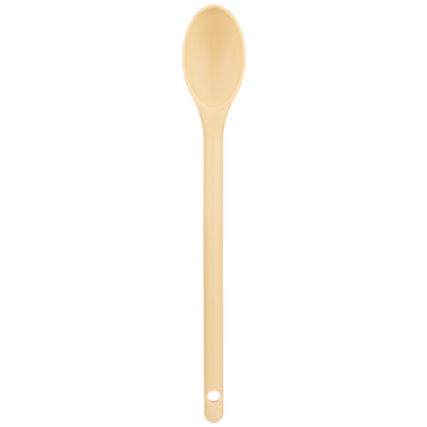 A Vollrath tan high heat nylon spoon with a handle and a spoon end.