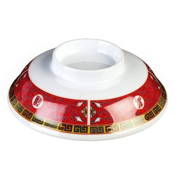A white Thunder Group Longevity melamine lid with red and black designs.