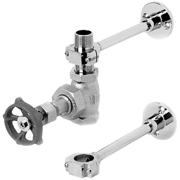 A close-up of a T&S chrome plated globe valve.