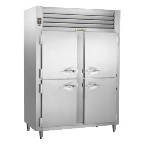 A Traulsen stainless steel reach-in refrigerator with two doors.