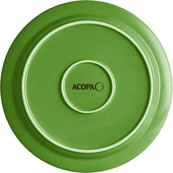 A palm green Acopa Capri stoneware plate with a white circle in the middle.