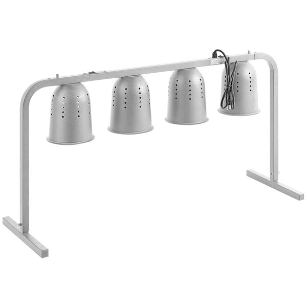 A white metal ServIt pass through heat lamp with four silver bulbs.