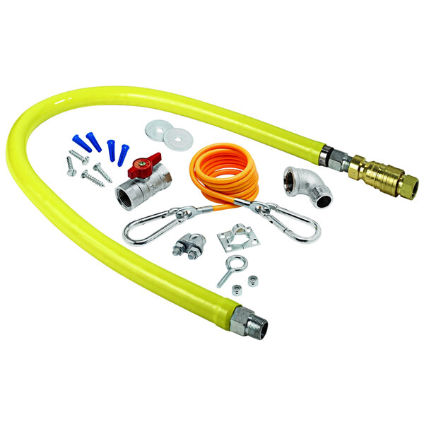 A yellow T&S Safe-T-Link gas hose with various installation parts.