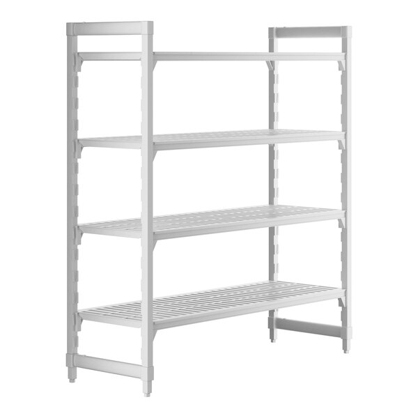 A white metal Cambro Camshelving® Premium unit with 4 vented shelves.