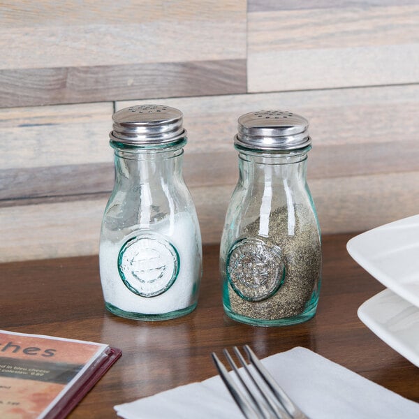 Green Retro Style Glass Salt and Pepper Shakers Recycled Glass Stainless Tops 