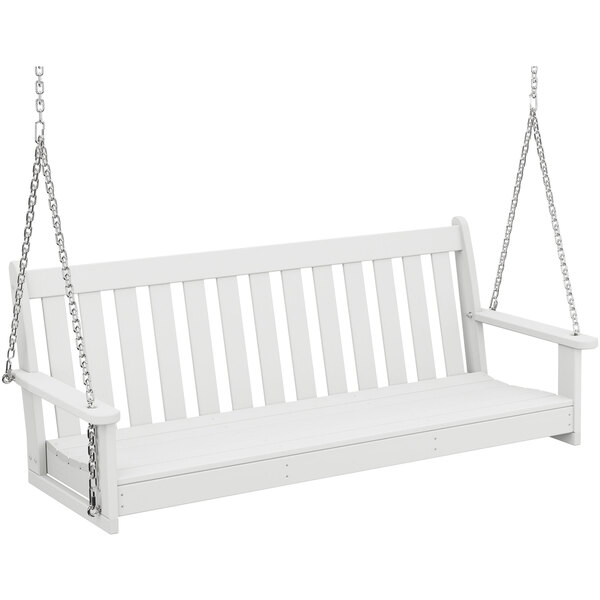 A white wooden POLYWOOD porch swing with chains.