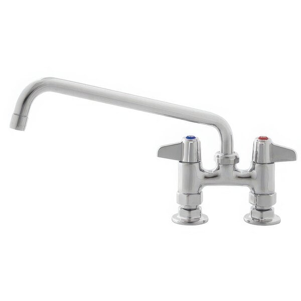 A silver Equip by T&amp;S deck-mounted faucet with lever handles and a blue knob.