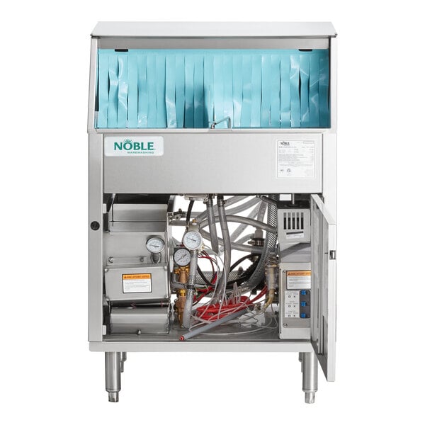 A commercial underbar glass washer with visible internal components and a stainless steel exterior.