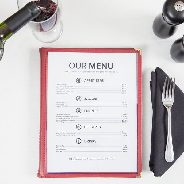8 1/2" x 11" Six Pocket Clear Menu Cover Burgundy