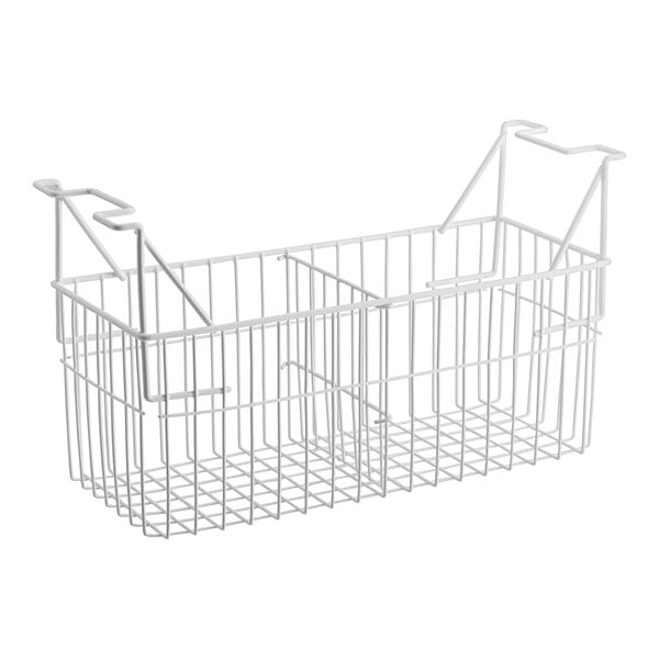 A white wire basket with two handles.