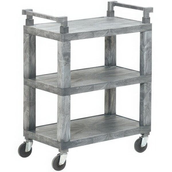A grey three shelf Vollrath utility cart on wheels.