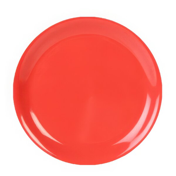 A close up of a red Thunder Group melamine plate with a white line on the rim.