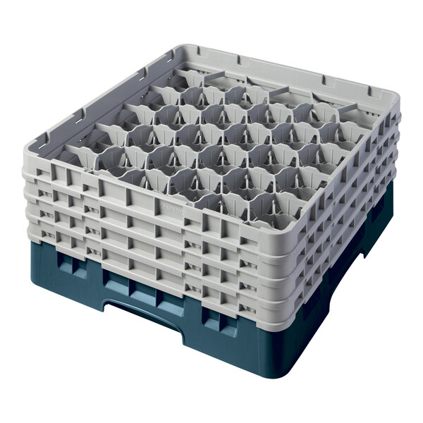 A teal plastic Cambro rack with 30 compartments.