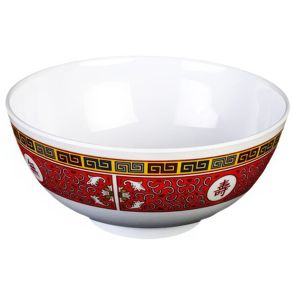 A white melamine bowl with a red Longevity design.