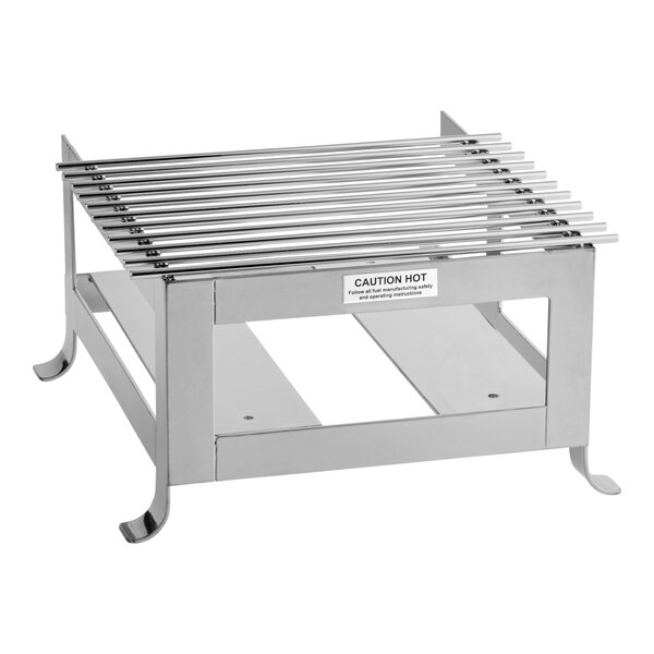 A silver steel butane burner frame with a grated top and four curved legs.