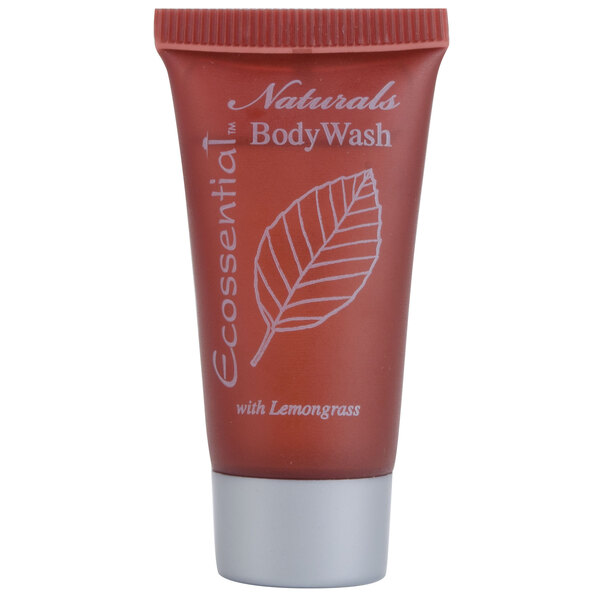 An Ecossential Naturals body wash bottle with a leaf design.