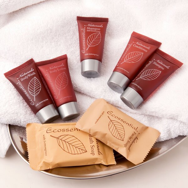 A tray of Ecossential Naturals body wash bottles.