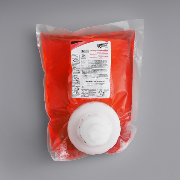 A red liquid soap in a Kutol Health Guard bag.